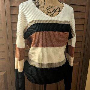 Striped V-Neck Sweater - Black, Brown, Cream